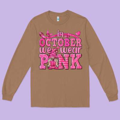 In October We Wear Pink With Gnome Long Sleeve Tee Designed By Texasbilliewilder