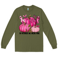 Army Green In October We Wear Pink with Pumpkin Long Sleeve Tee - texasbilliewilder