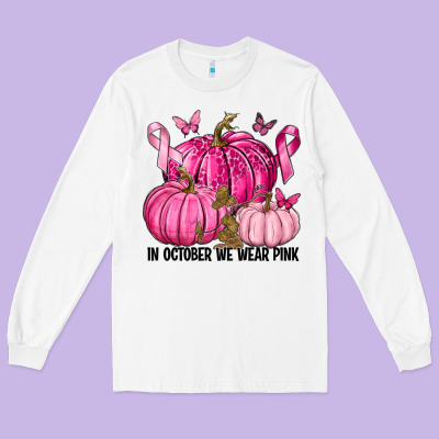 In October We Wear Pink With Pumpkin Long Sleeve Tee Designed By Texasbilliewilder
