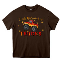 Chocolate Brown easily distracted by trucks Heavy Core Tee - MaliasSmallBusiness