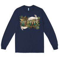 Navy He lives Easter Long Sleeve Tee - NancyCooperArtShop
