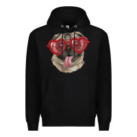 Black pug with love glasses Premium Hoodie - RanaPortraitStore