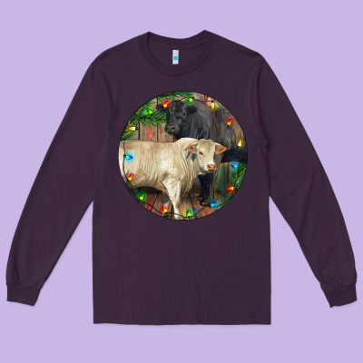 Christmas Charolais Bull And Black Angus Bull Long Sleeve Tee Designed By Ranaportraitstore