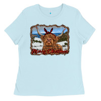 Baby Blue merry christmas highland cow with farm Ladies Tee - RanaPortraitStore