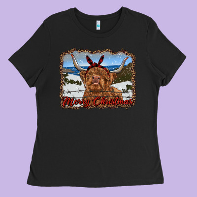 Merry Christmas Highland Cow With Farm Ladies Tee Designed By Ranaportraitstore
