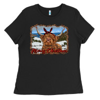 Black merry christmas highland cow with farm Ladies Tee - RanaPortraitStore