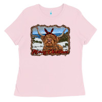 Bubblegum Pink merry christmas highland cow with farm Ladies Tee - RanaPortraitStore