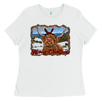 White merry christmas highland cow with farm Ladies Tee - RanaPortraitStore