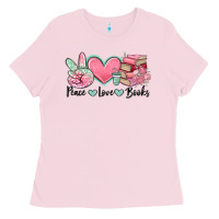 Bubblegum Pink peace love books Ladies Tee - MaliasSmallBusiness