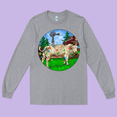 Christmas Charolais Bull And Barnyard Long Sleeve Tee Designed By Ranaportraitstore