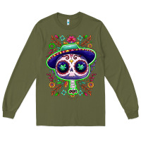 Army Green Mexican Day of dead sugar skull Long Sleeve Tee - NancyCooperArtShop