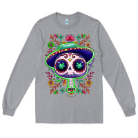 Heather Grey Mexican Day of dead sugar skull Long Sleeve Tee - NancyCooperArtShop