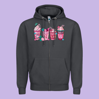 Breast Cancer Coffee Cups Zipper Hoodie Designed By Fadigitalartstudio