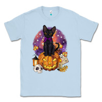 Dusty Blue halloween black cat pumpkin Classic Tee - BarkalooDesign