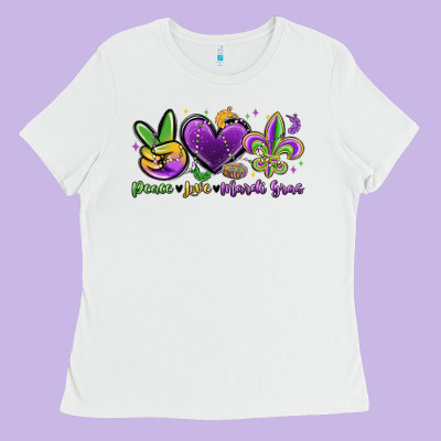 Peace Love Mardi Gras Ladies Tee Designed By Maliassmallbusiness
