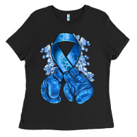 Black Blue ribbon with boxing gloves Ladies Tee - NancyCooperArtShop
