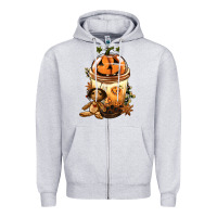 Heather Grey Halloween Jack O Lantern Bobba Cup Zipper Hoodie - FaDigitalArtStudio