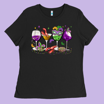 Mardi Gras Wine Glasses Ladies Tee Designed By Maliassmallbusiness