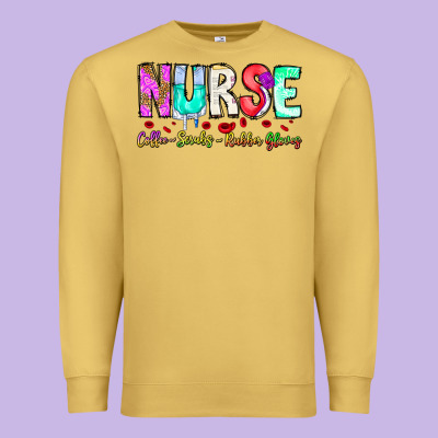 Nurse Coffee Scrubs Rubber Gloves Premium Sweatshirt Designed By Cowhidedigitalart