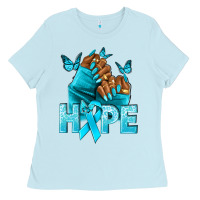Baby Blue Hope teal ribbon Ovarian Cancer nails Ladies Tee - NancyCooperArtShop