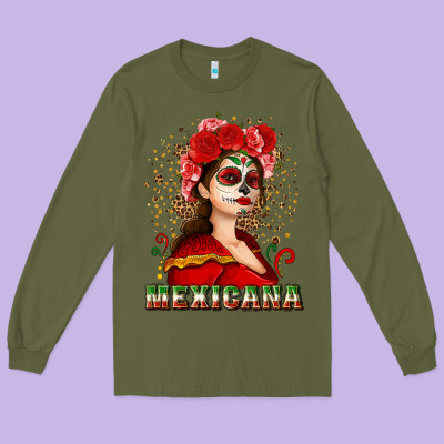 Sugar Skull Girl With Mexicana Long Sleeve Tee Designed By Nancycooperartshop