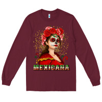 Burgundy Sugar skull girl with Mexicana Long Sleeve Tee - NancyCooperArtShop