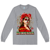 Heather Grey Sugar skull girl with Mexicana Long Sleeve Tee - NancyCooperArtShop