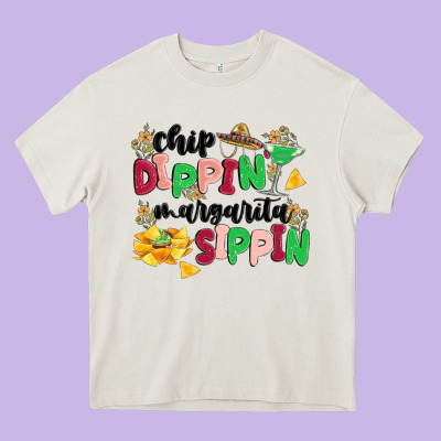 Chip Dippin' Margarita Sippin Heavy Core Tee Designed By Maliassmallbusiness
