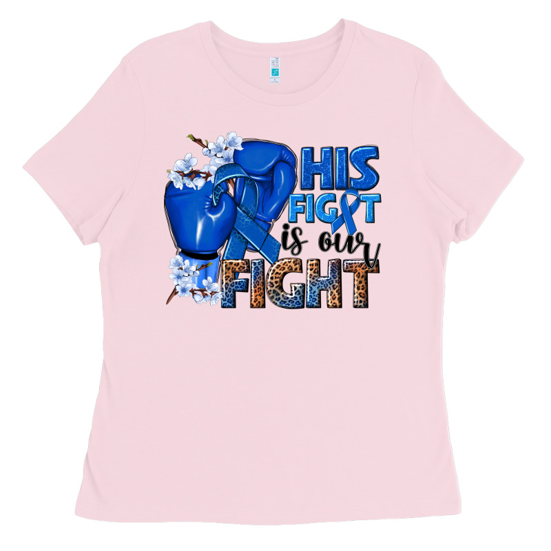 His Fight Is Our Fight Colon Cancer Blue Ribbon Ladies Tee by NancyCooperArtShop | Teevron