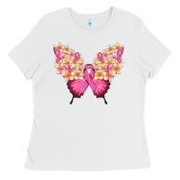 White Pink ribbon Breast Cancer butterfly Ladies Tee - NancyCooperArtShop