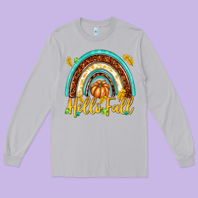 Hello Fall With Rainbow Long Sleeve Tee Designed By Texasbilliewilder