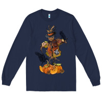 Navy Scarecrow with Pumpkin Long Sleeve Tee - texasbilliewilder