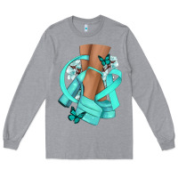 Heather Grey Ovarian Cancer diva teal ribbon Long Sleeve Tee - NancyCooperArtShop
