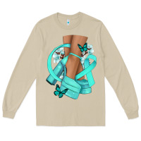 Mushroom Ovarian Cancer diva teal ribbon Long Sleeve Tee - NancyCooperArtShop