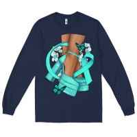 Navy Ovarian Cancer diva teal ribbon Long Sleeve Tee - NancyCooperArtShop