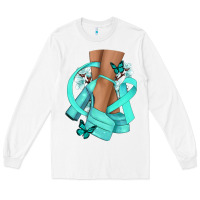 White Ovarian Cancer diva teal ribbon Long Sleeve Tee - NancyCooperArtShop