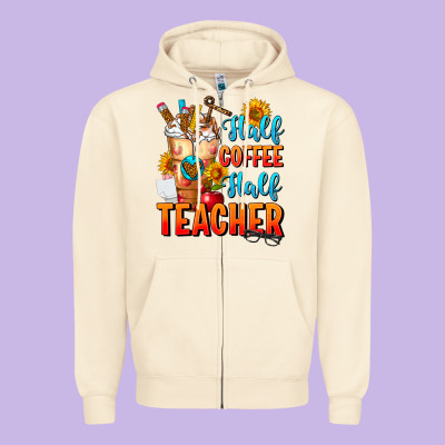 Half Coffee Half Teacher Zipper Hoodie Designed By Fadigitalartstudio