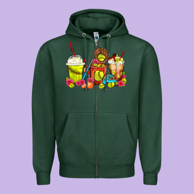 Softball Coffee Cups Zipper Hoodie Designed By Fadigitalartstudio