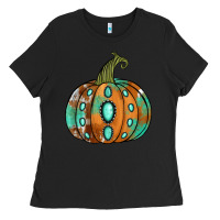 Black Western cowhide turquoise pumpkin Ladies Tee - NancyCooperArtShop