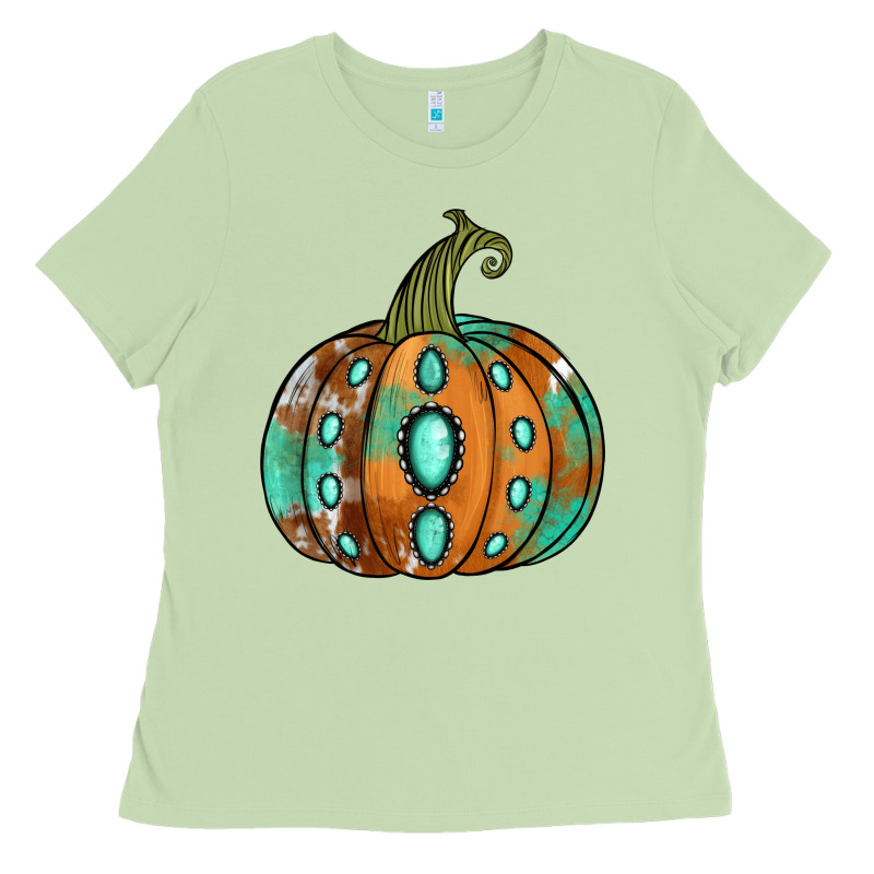 Western Cowhide Turquoise Pumpkin Ladies Tee by NancyCooperArtShop | Teevron