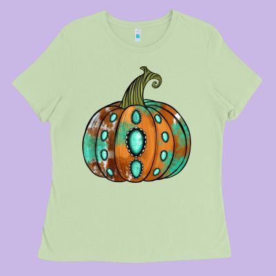 Western Cowhide Turquoise Pumpkin Ladies Tee Designed By Nancycooperartshop