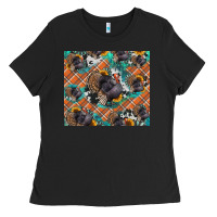 Black Thanksgiving Turkey sunflower turquoise Ladies Tee - NancyCooperArtShop