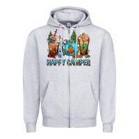 Heather Grey Happy Camper Coffee Cups Zipper Hoodie - FaDigitalArtStudio
