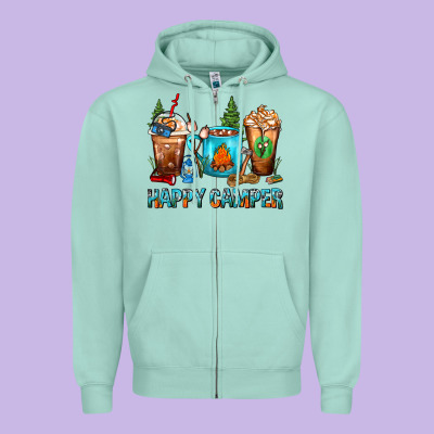 Happy Camper Coffee Cups Zipper Hoodie Designed By Fadigitalartstudio