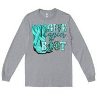 Heather Grey Give Cancer the boot Ovarian Cancer teal ribbon Long Sleeve Tee - NancyCooperArtShop