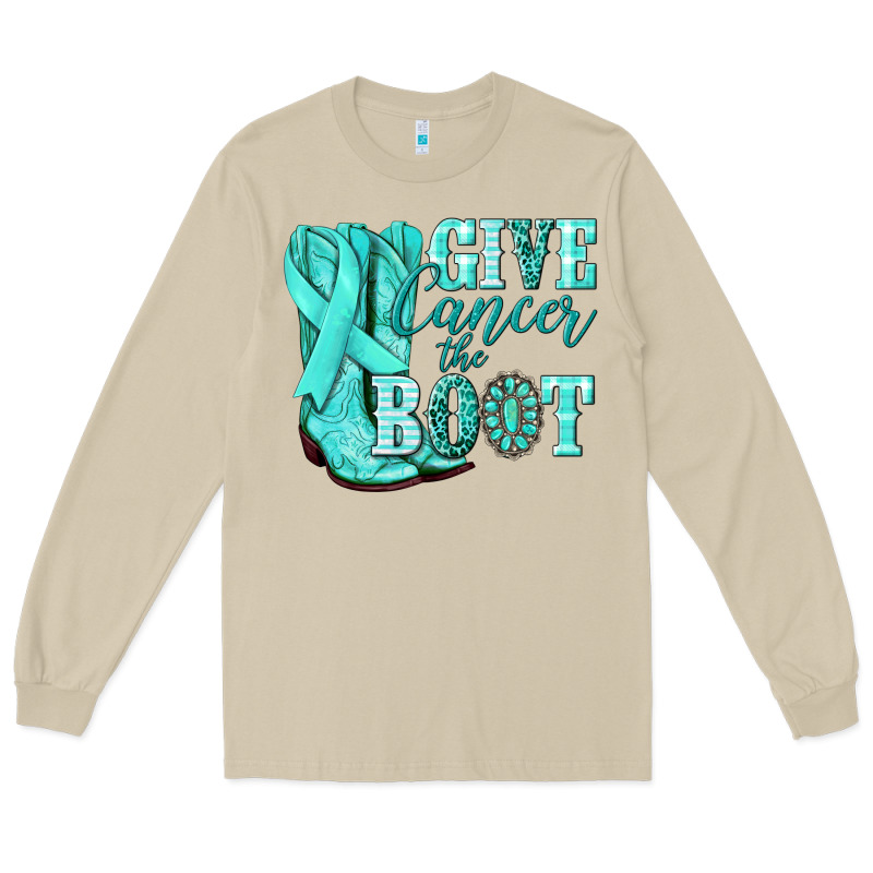 Give Cancer The Boot Ovarian Cancer Teal Ribbon Long Sleeve Tee by NancyCooperArtShop | Teevron