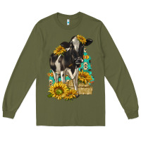 Army Green Sunflowers Cow Long Sleeve Tee - texasbilliewilder
