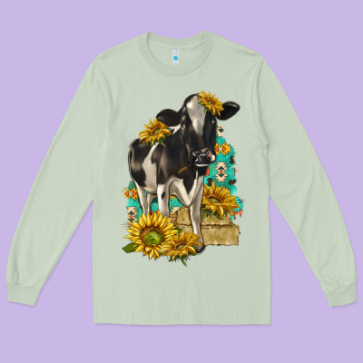 Sunflowers Cow Long Sleeve Tee Designed By Texasbilliewilder