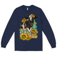 Navy Sunflowers Cow Long Sleeve Tee - texasbilliewilder
