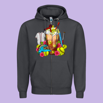 Softball Frappe Coffee Zipper Hoodie Designed By Fadigitalartstudio